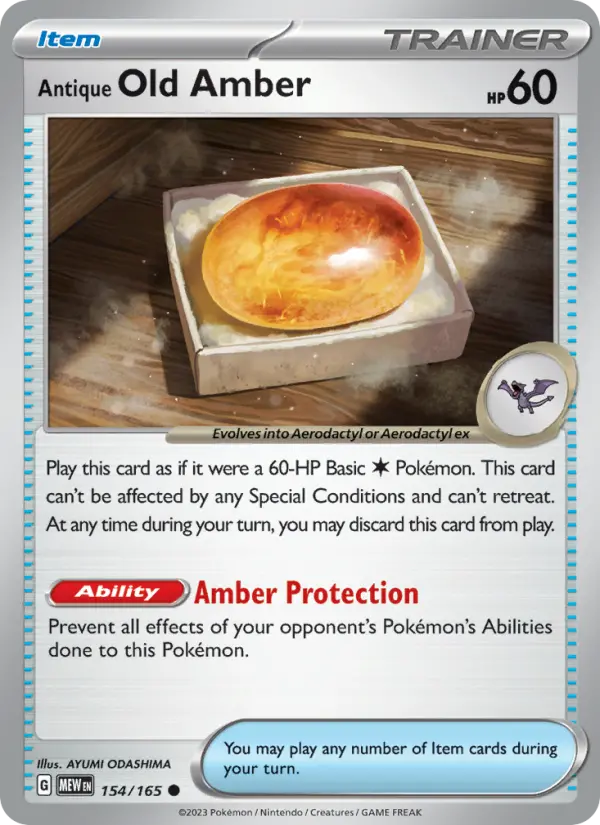 Antique Old Amber Common Pokemon card #154 from 151
