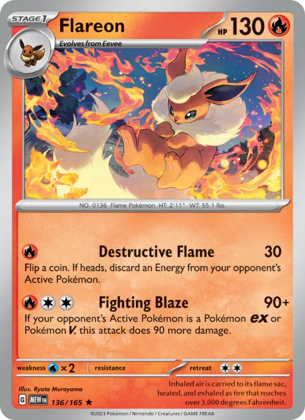 Flareon Rare Pokemon card #136 from 151
