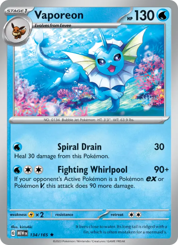 Vaporeon Rare Pokemon card #134 from 151