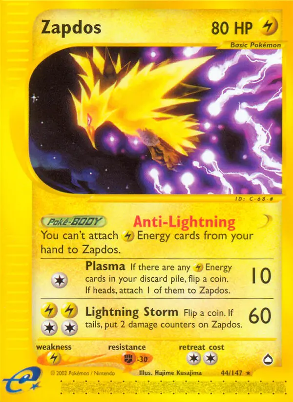 Zapdos Rare Pokemon card #44 from Aquapolis