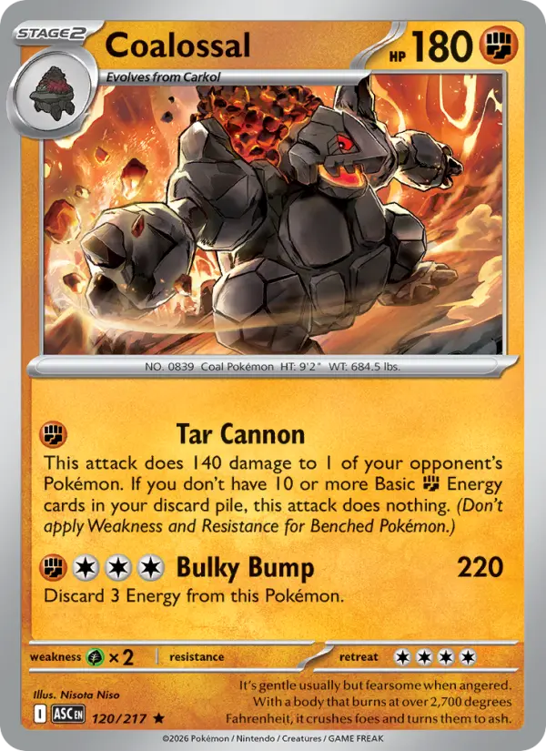 Coalossal Rare Pokemon card #120 from Ascended Heroes