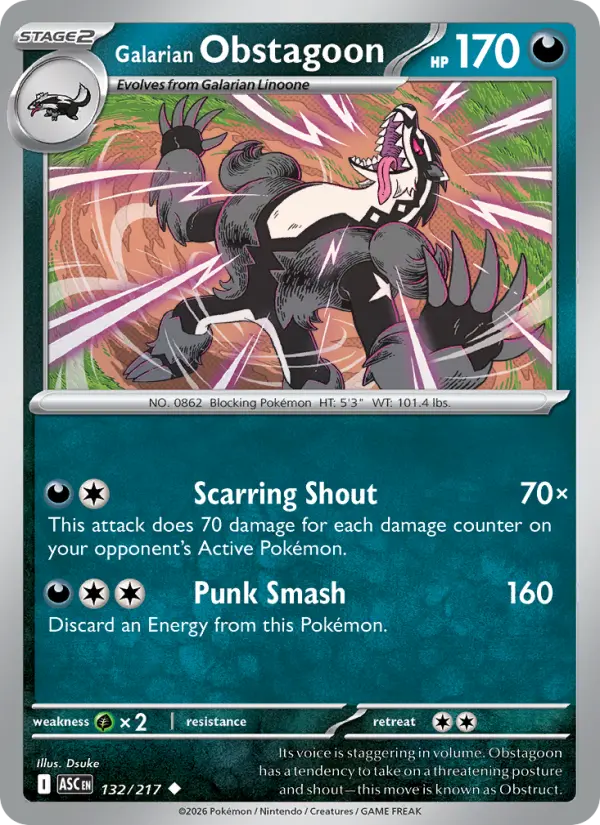 Galarian Obstagoon Uncommon Pokemon card #132 from Ascended Heroes
