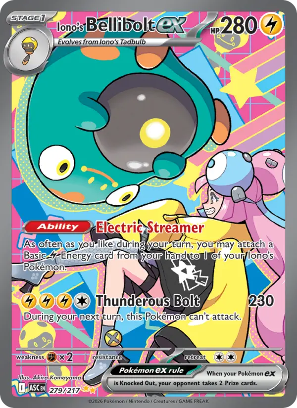 Iono's Bellibolt ex Special illustration rare Pokemon card #279 from Ascended Heroes