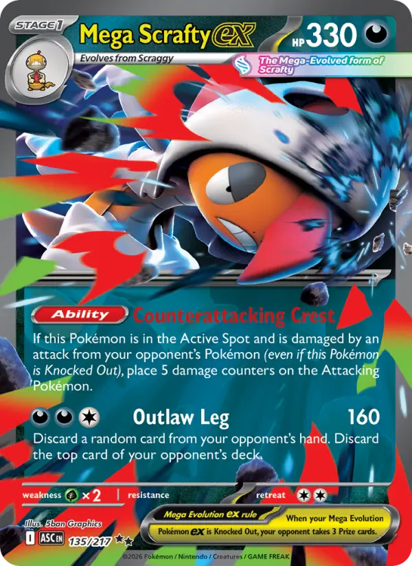 Mega Scrafty ex Double rare Pokemon card #135 from Ascended Heroes