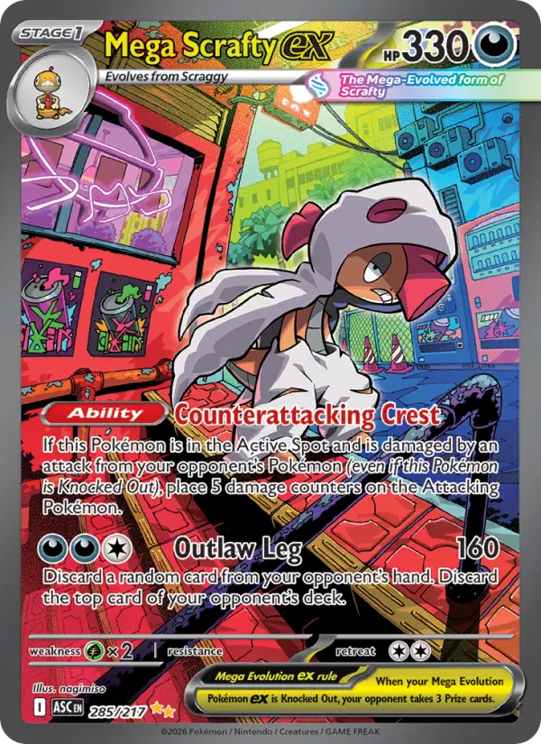 Mega Scrafty ex Special illustration rare Pokemon card #285 from Ascended Heroes