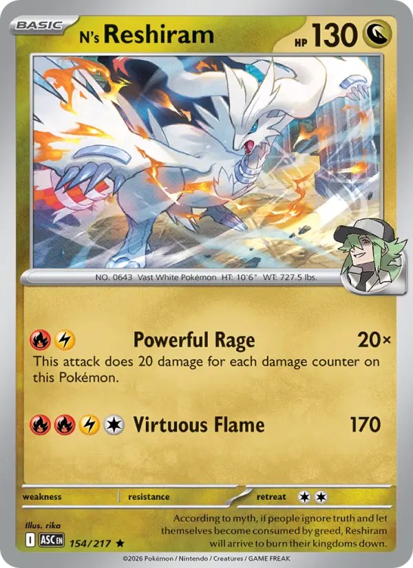 N's Reshiram Rare Pokemon card #154 from Ascended Heroes