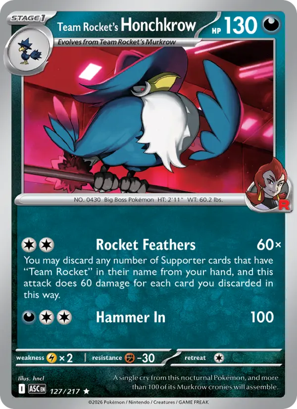 Team Rocket's Honchkrow Rare Pokemon card #127 from Ascended Heroes