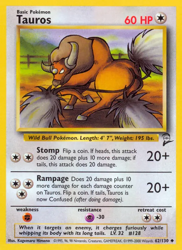 Tauros Uncommon Pokemon card #62 from Base Set 2