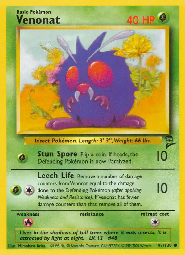 Venonat Common Pokemon card #97 from Base Set 2