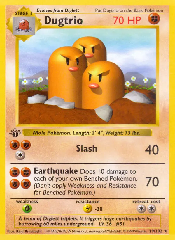 Dugtrio Rare Pokemon card #19 from Base Set