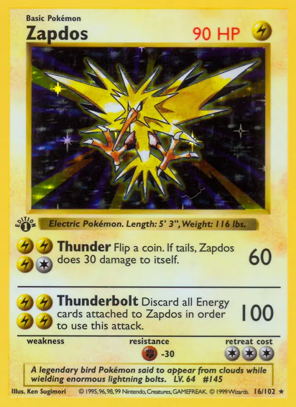 Zapdos Rare Pokemon card #16 from Base Set