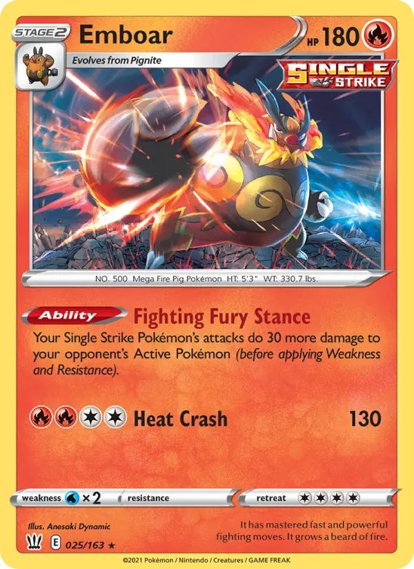 Emboar Holo Rare Pokemon card #25 from Battle Styles
