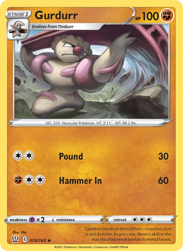 Gurdurr Uncommon Pokemon card #74 from Battle Styles