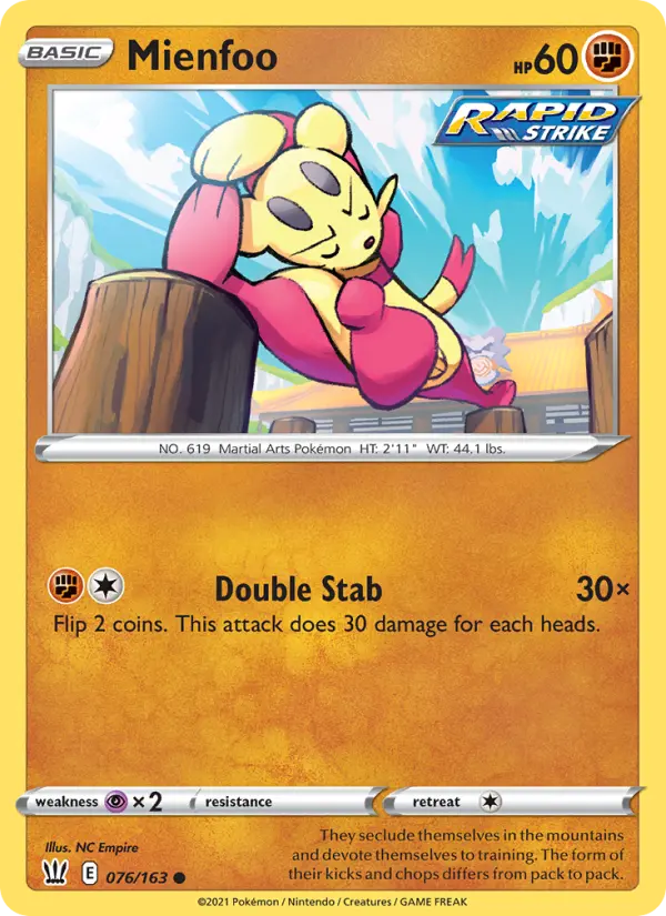 Mienfoo Common Pokemon card #76 from Battle Styles
