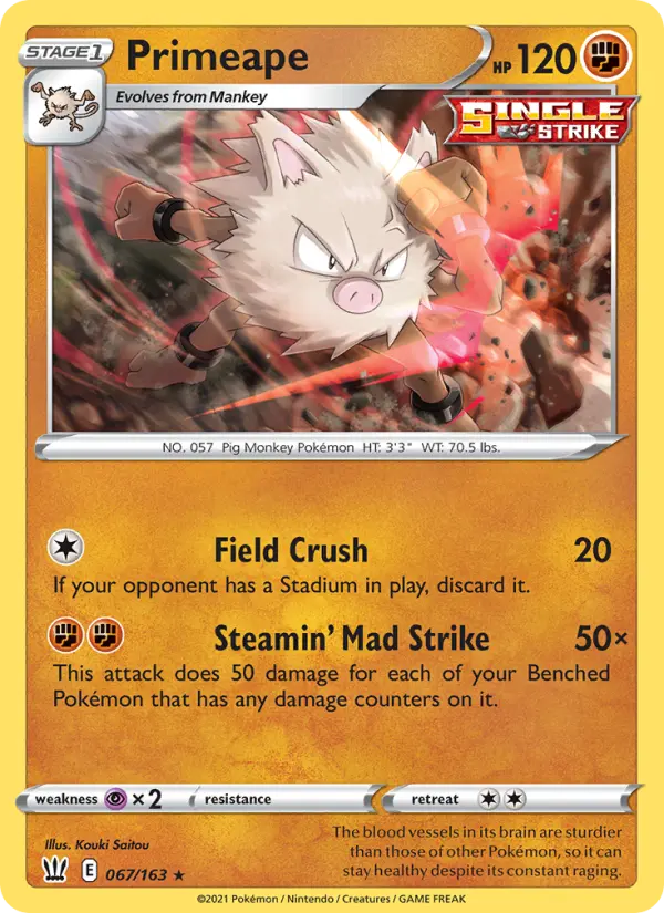 Primeape Rare Pokemon card #67 from Battle Styles