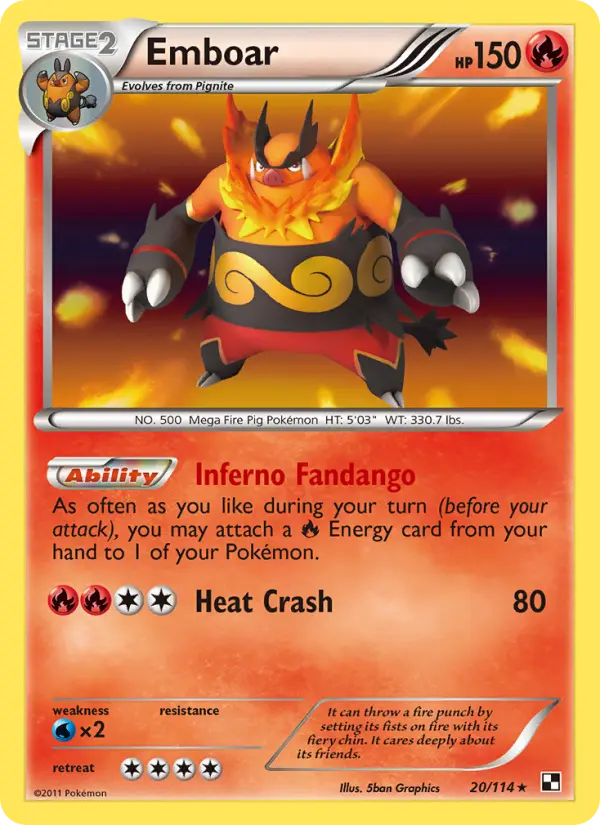 Emboar Rare Pokemon card #20 from Black & White