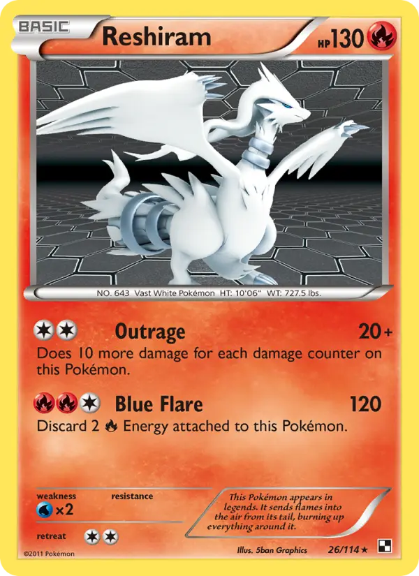 Reshiram Rare Pokemon card #26 from Black & White