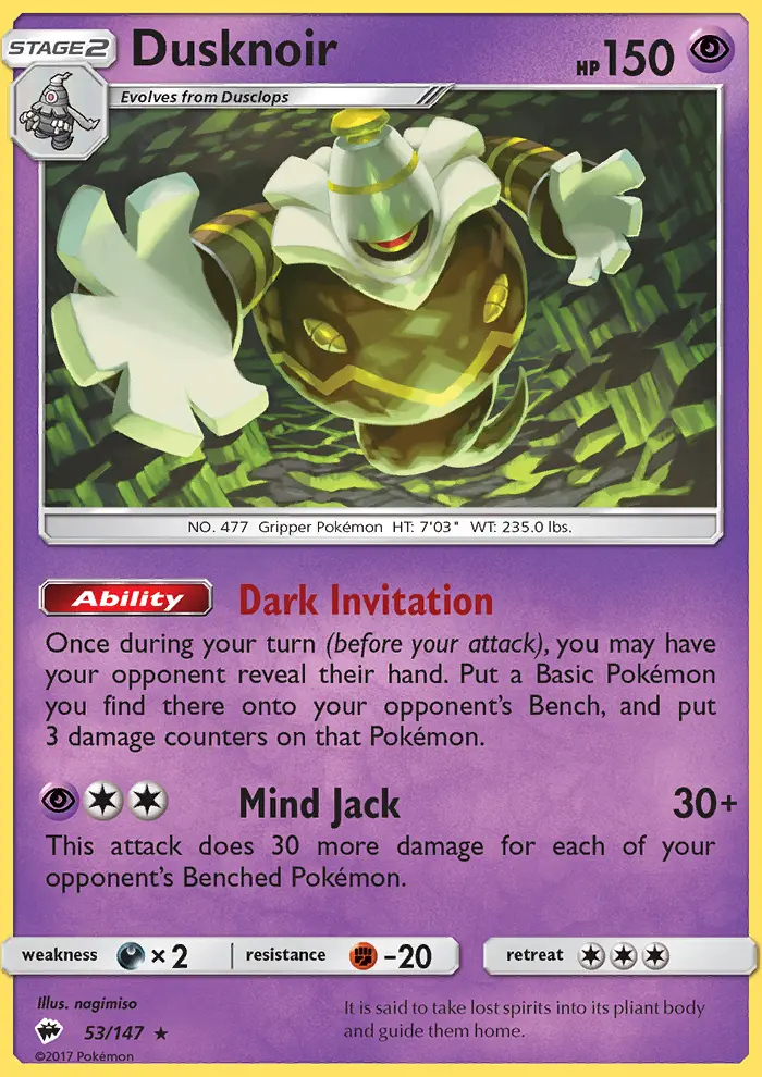 Dusknoir Rare Pokemon card #53 from Burning Shadows