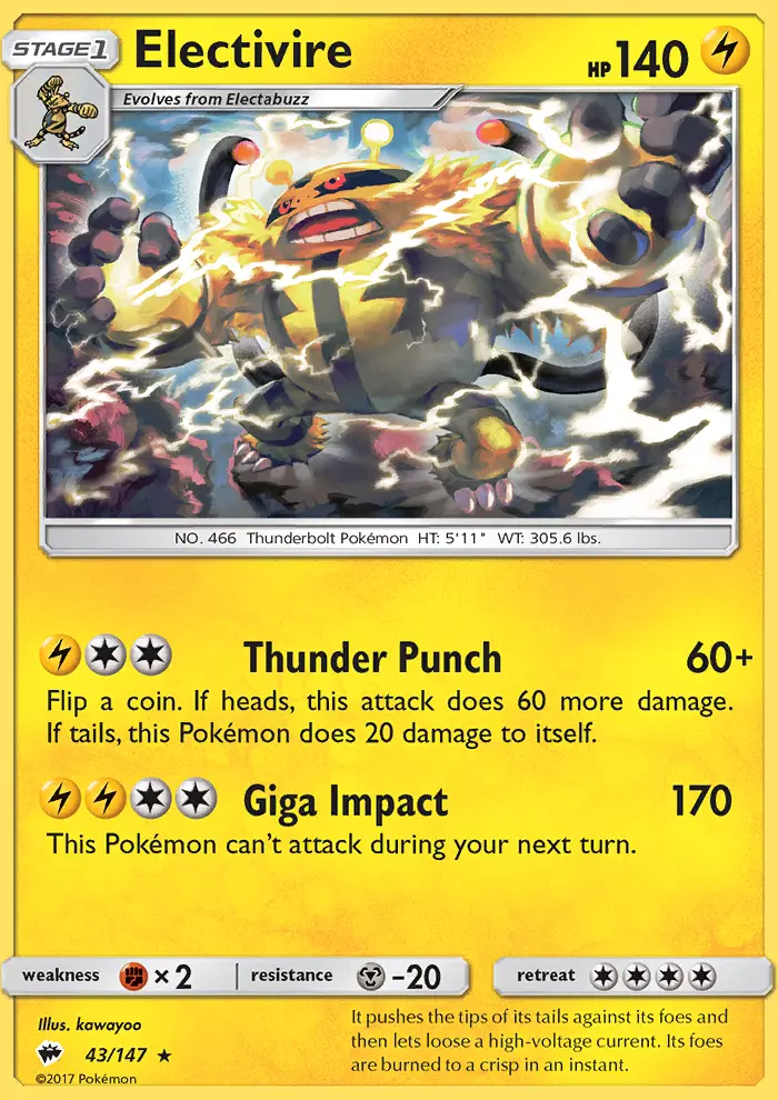 Electivire Rare Pokemon card #43 from Burning Shadows