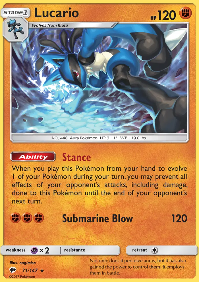 Lucario Rare Pokemon card #71 from Burning Shadows