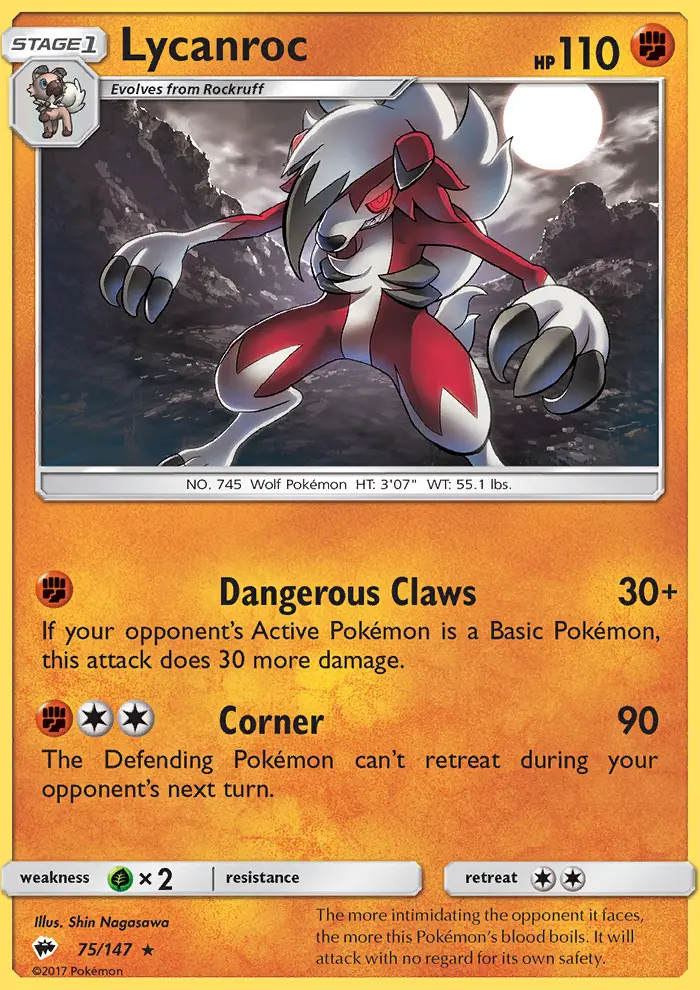 Lycanroc Rare Pokemon card #75 from Burning Shadows