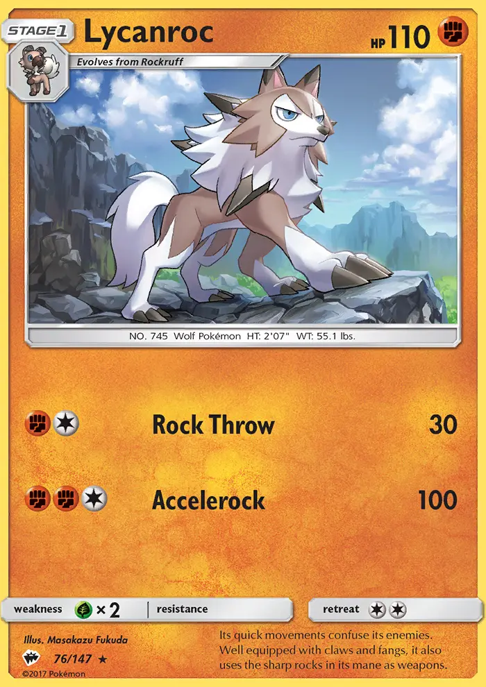 Lycanroc Rare Pokemon card #76 from Burning Shadows