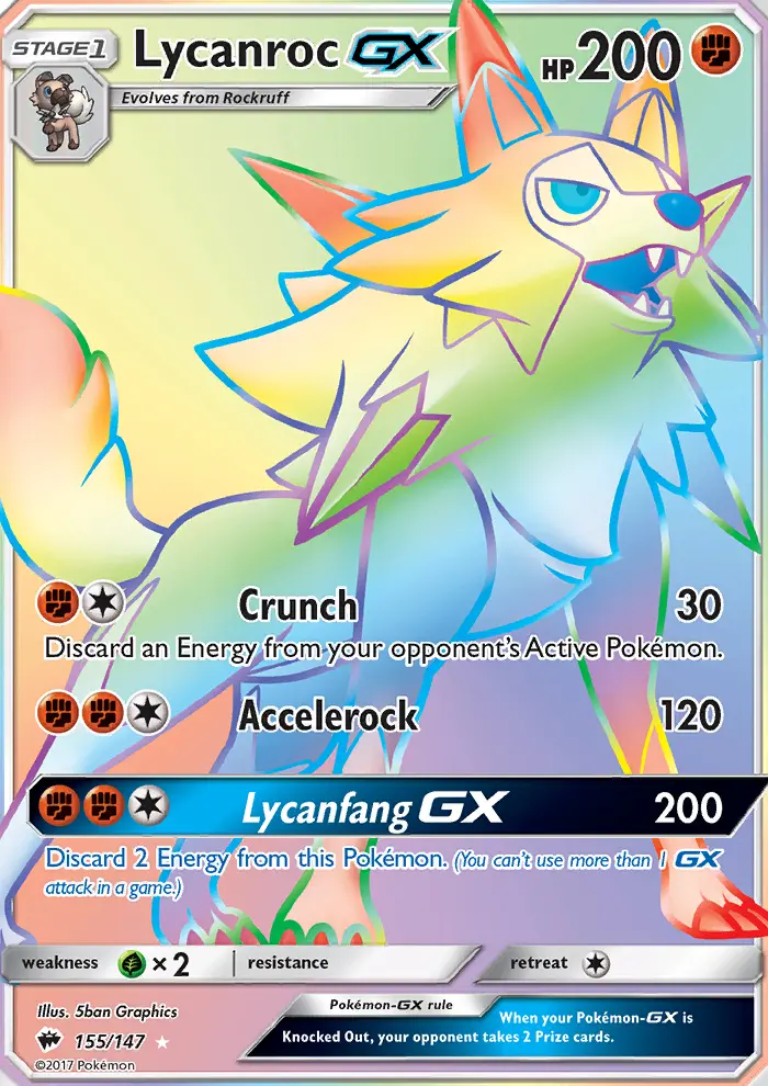 Lycanroc GX Secret Rare Pokemon card #155 from Burning Shadows