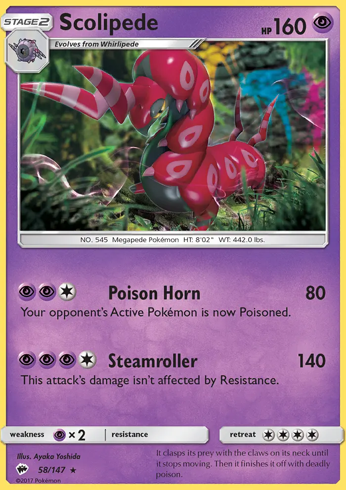 Scolipede Rare Pokemon card #58 from Burning Shadows