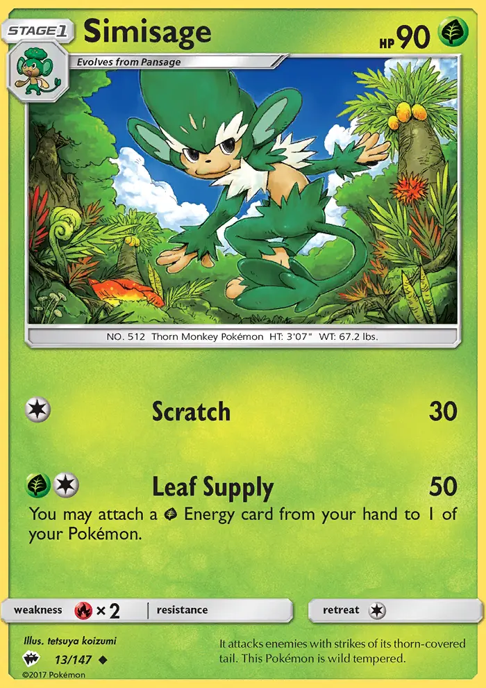Simisage Uncommon Pokemon card #13 from Burning Shadows