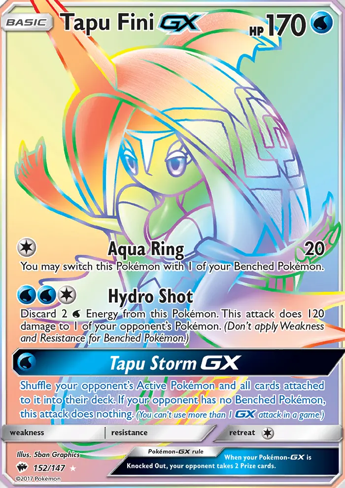 Tapu Fini GX Secret Rare Pokemon card #152 from Burning Shadows