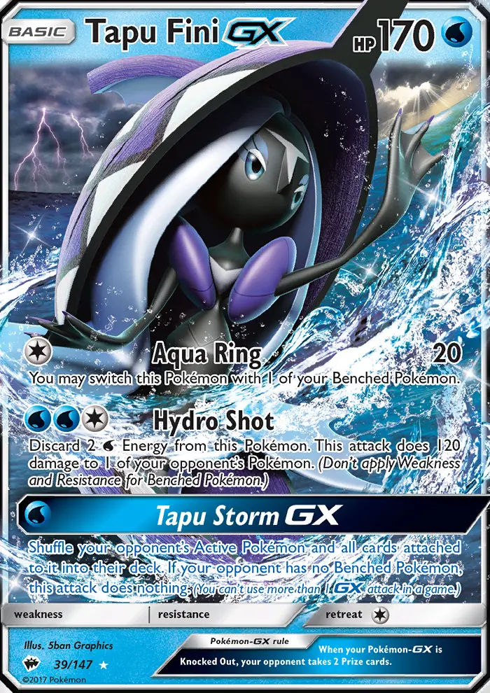 Tapu Fini GX Rare Pokemon card #39 from Burning Shadows