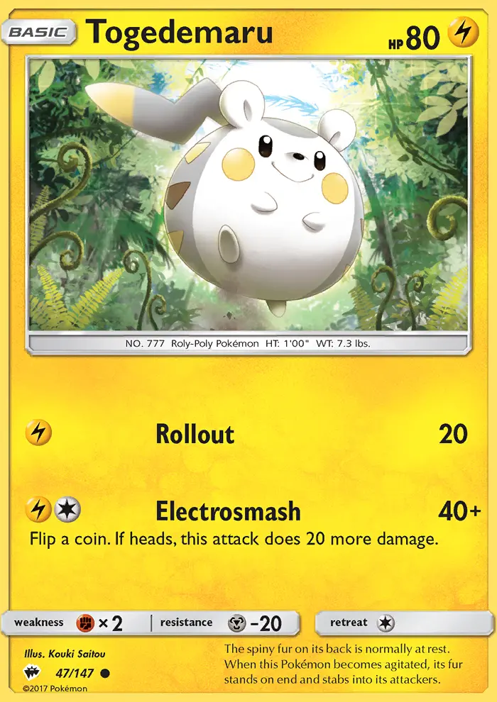 Togedemaru Common Pokemon card #47 from Burning Shadows