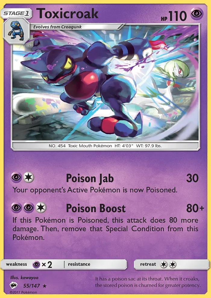 Toxicroak Rare Pokemon card #55 from Burning Shadows