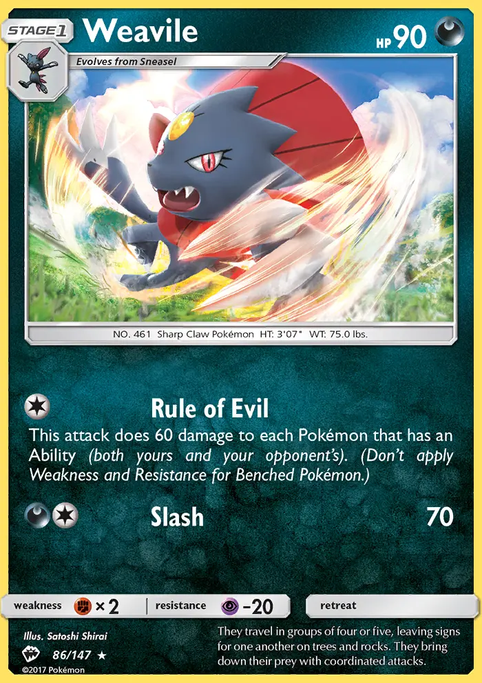 Weavile Rare Pokemon card #86 from Burning Shadows