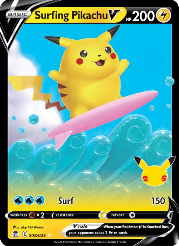Surfing Pikachu V Holo Rare V Pokemon card #8 from Celebrations
