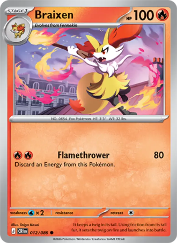 Braixen Common Pokemon card #012 from Chaos Rising