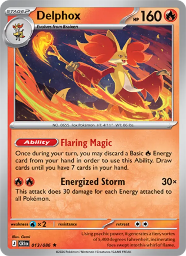 Delphox Rare Pokemon card #013 from Chaos Rising