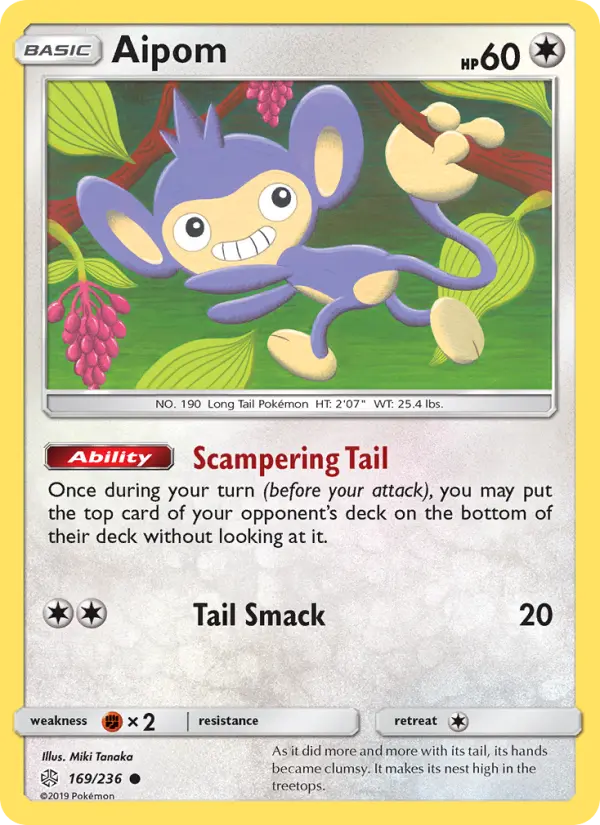 Aipom Common Pokemon card #169 from Cosmic Eclipse