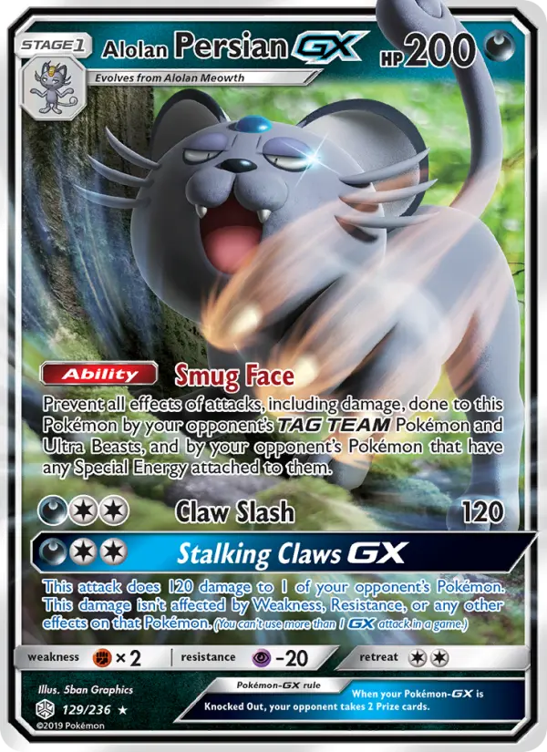 Alolan Persian GX Ultra Rare Pokemon card #129 from Cosmic Eclipse