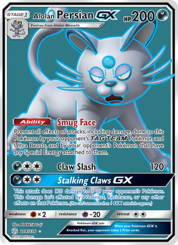 Alolan Persian GX Ultra Rare Pokemon card #219 from Cosmic Eclipse