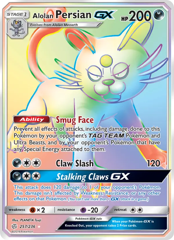 Alolan Persian GX Secret Rare Pokemon card #257 from Cosmic Eclipse