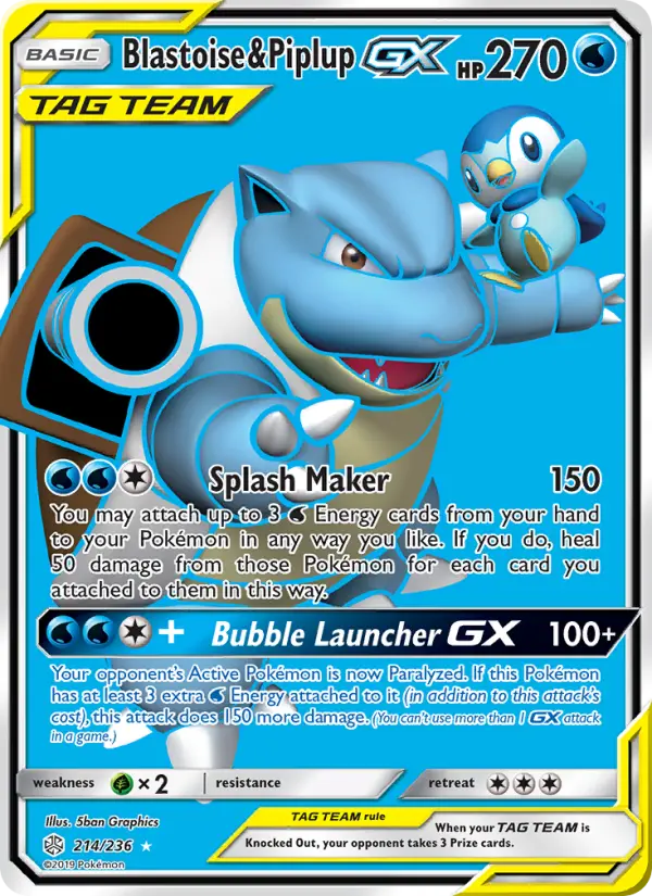 Blastoise & Piplup GX Ultra Rare Pokemon card #214 from Cosmic Eclipse