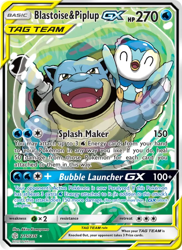Blastoise & Piplup GX Ultra Rare Pokemon card #215 from Cosmic Eclipse
