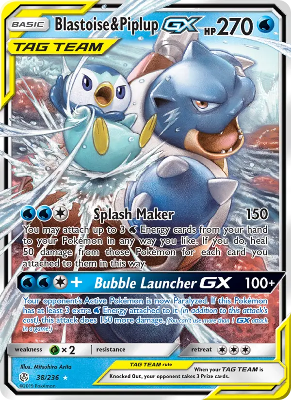 Blastoise & Piplup GX Ultra Rare Pokemon card #38 from Cosmic Eclipse