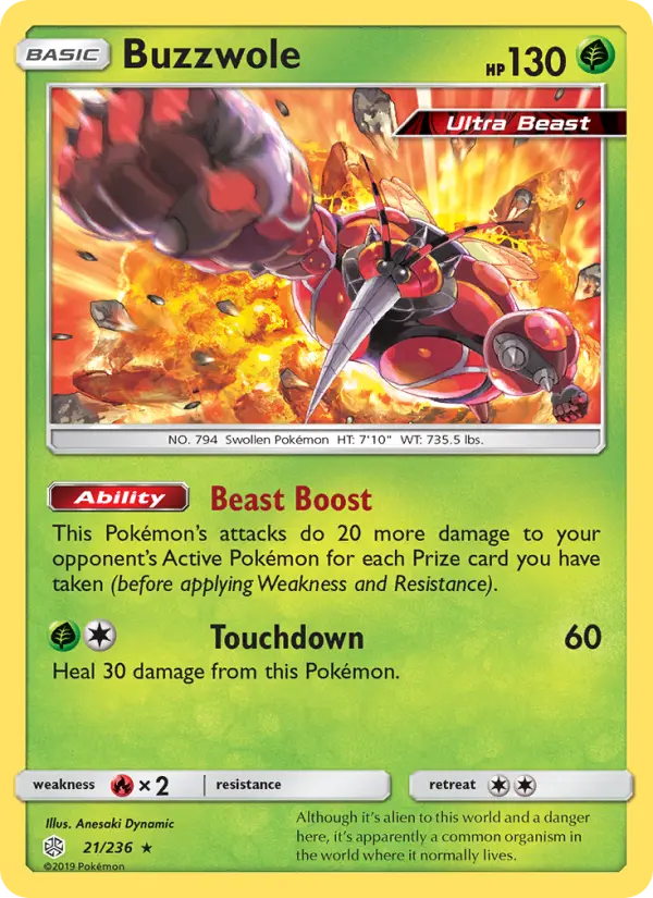 Buzzwole Rare Pokemon card #21 from Cosmic Eclipse