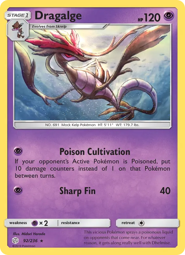 Dragalge Rare Pokemon card #92 from Cosmic Eclipse