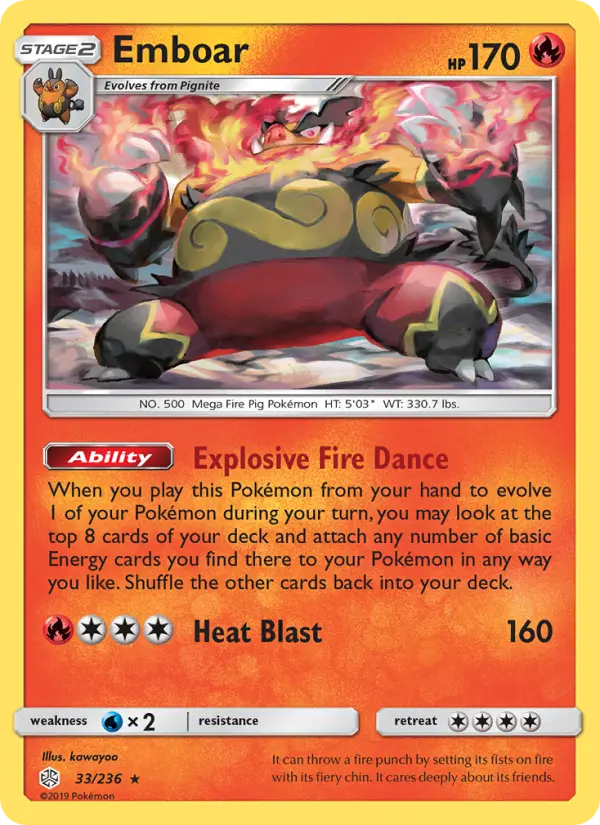 Emboar Rare Pokemon card #33 from Cosmic Eclipse