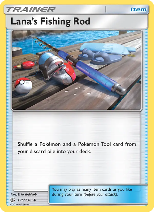 Lana’s Fishing Rod Uncommon Pokemon card #195 from Cosmic Eclipse