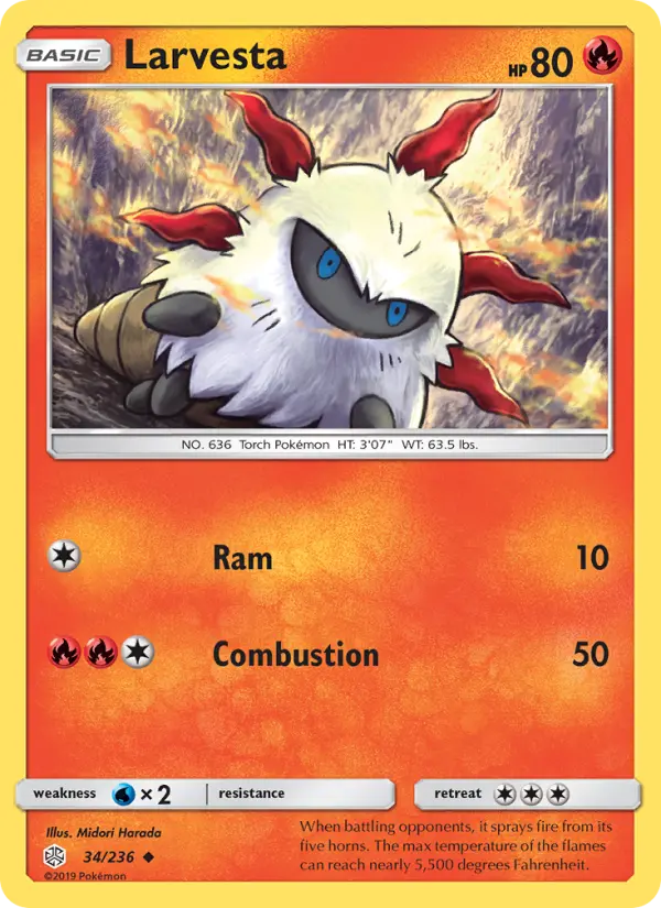 Larvesta Uncommon Pokemon card #34 from Cosmic Eclipse