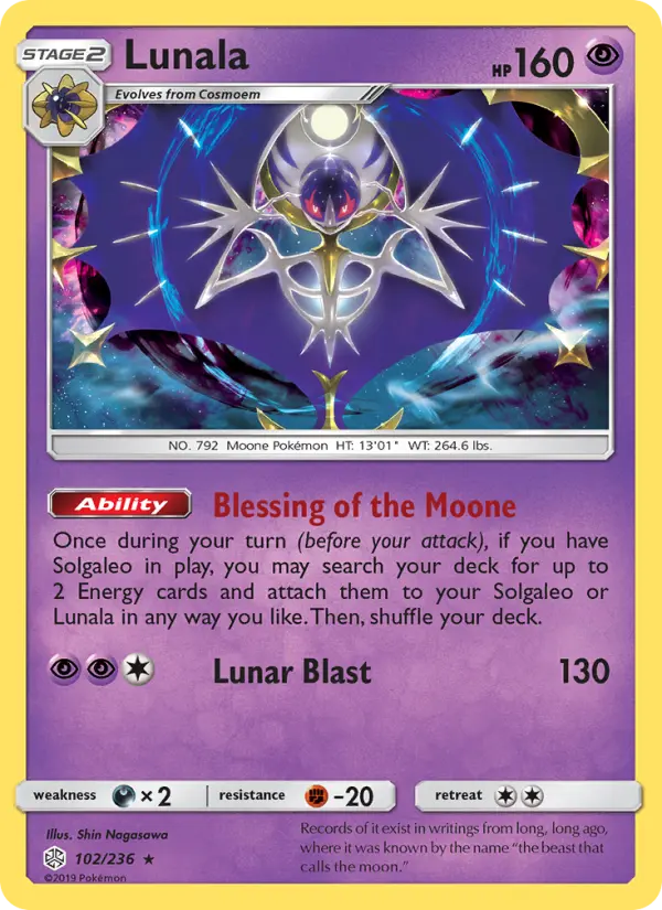 Lunala Rare Pokemon card #102 from Cosmic Eclipse